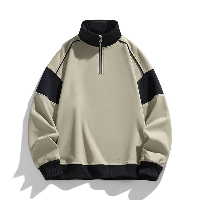 Men's black hooded corduroy sweater with drop shoulders and rabbit fur fabric on a hanger.