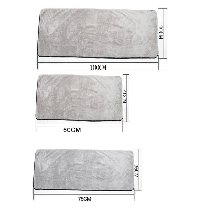 Microfiber car wash towel shown in three size variations for automotive cleaning
