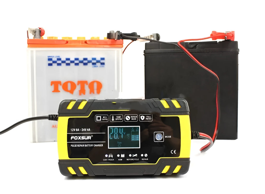 12V 24V battery charger with digital display screen for automotive lead-acid batteries.
