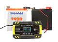 12V 24V battery charger with digital display screen for automotive lead-acid batteries.