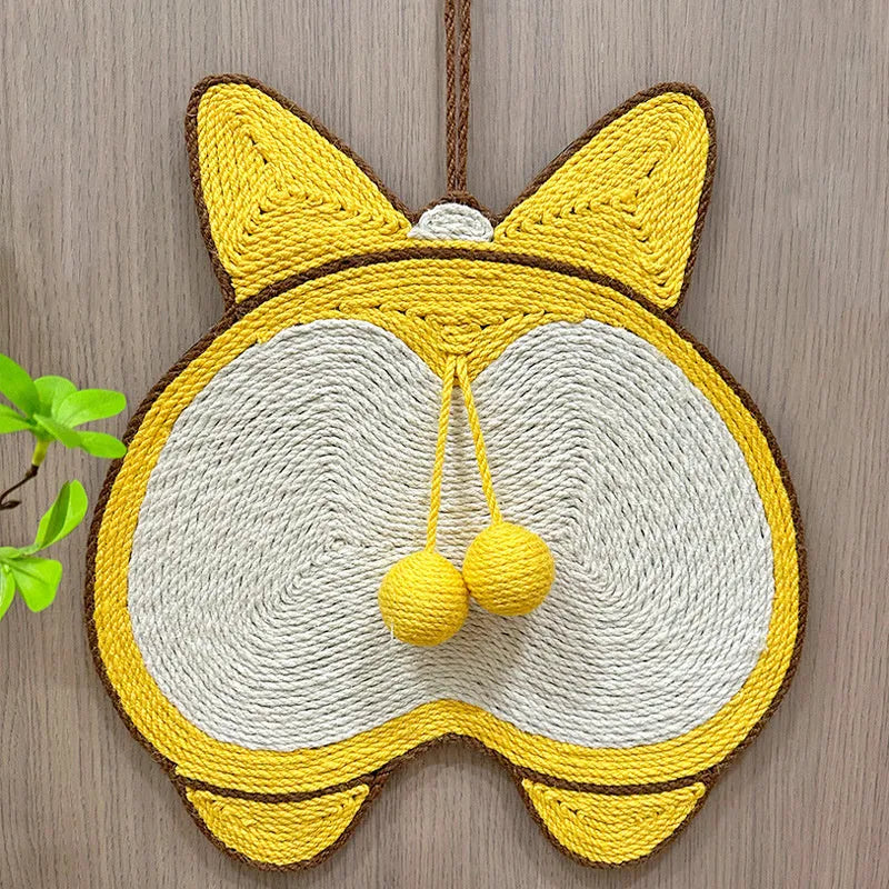 Yellow Corgi design cat scratching board with natural sisal surface measuring 37x40cm