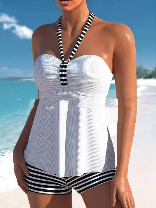Women's off-shoulder striped swimsuit in black and white colours with briefs style