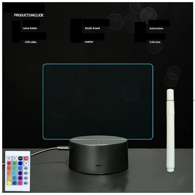 Black 3D acrylic message board night light with remote control and stylus on desk