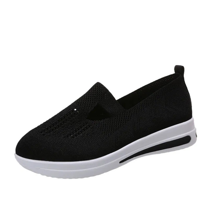 Flat platform wedge casual sneakers with car stitching mesh upper in solid colour black blue pink