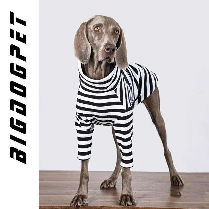 Black and white thin polyester dog jacket for large breeds on a size chart showing M to XXXL.