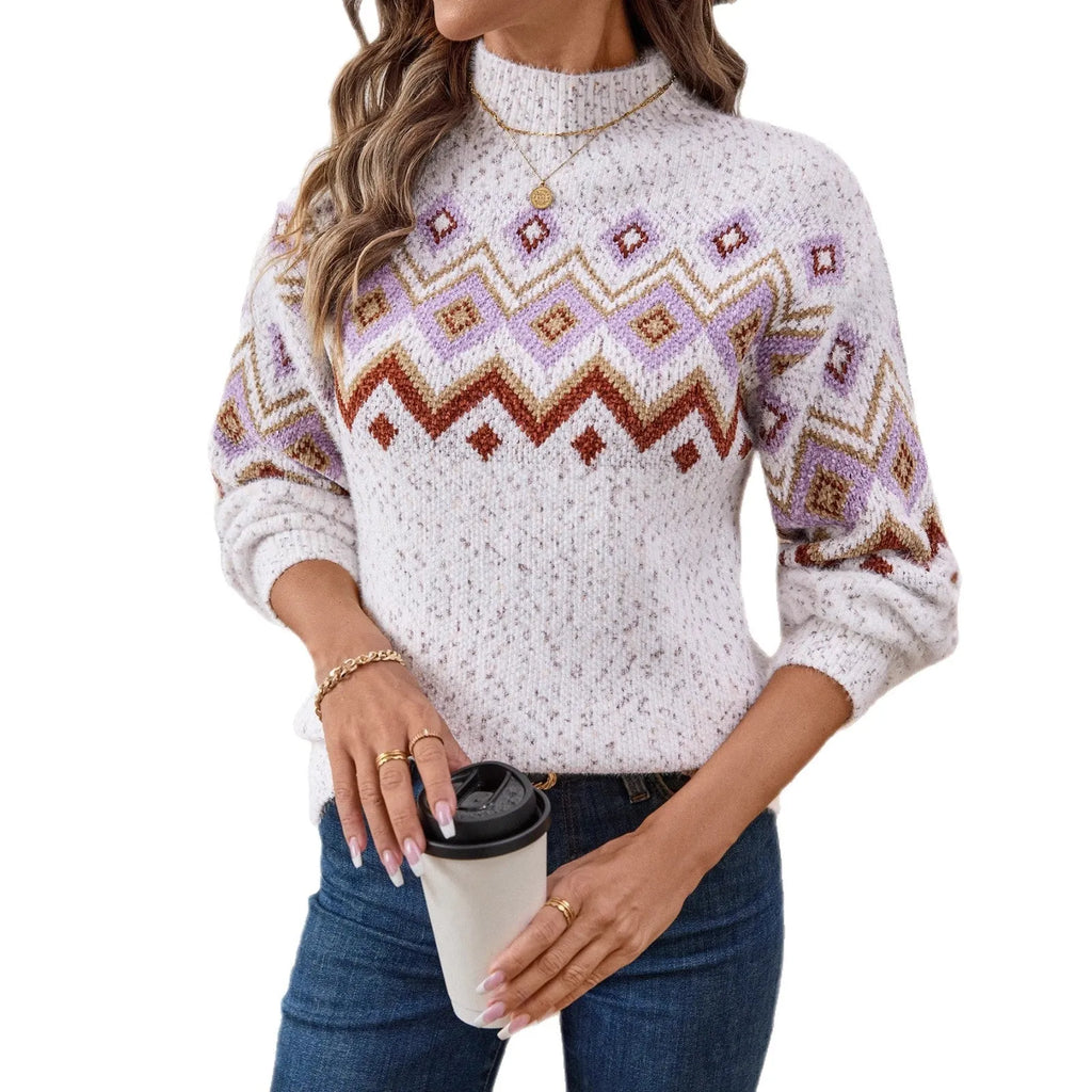 White half turtleneck jacquard sweater with geometric pattern, loose street fashion style