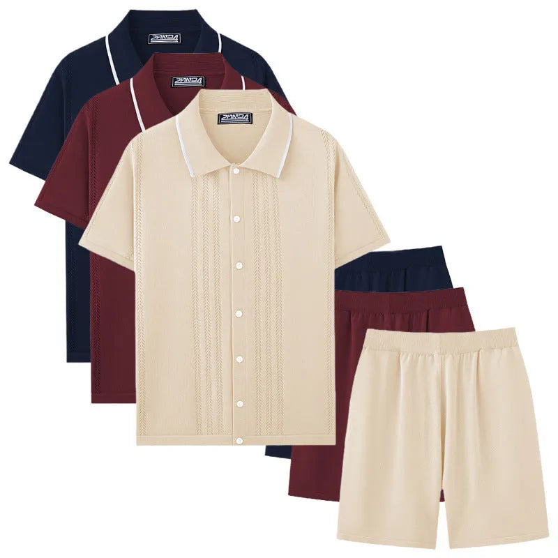 Khaki coloured short sleeve sweater top and matching shorts from a business casual two-piece set.