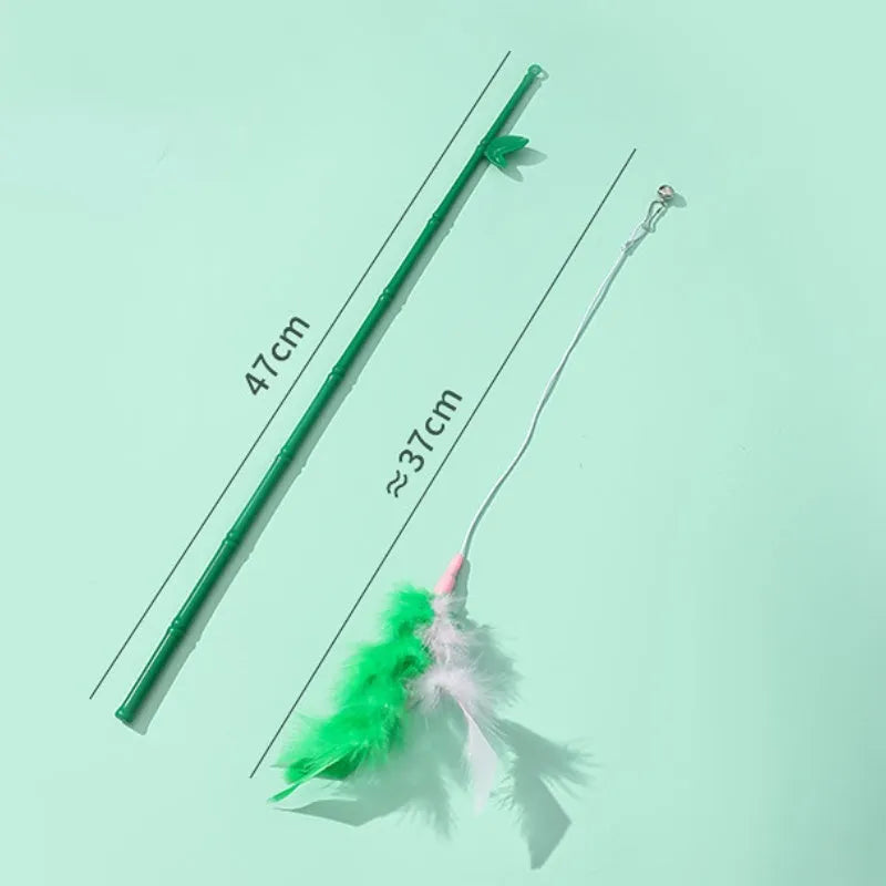 Green interactive cat feather wand toy with bell and colourful refill feathers