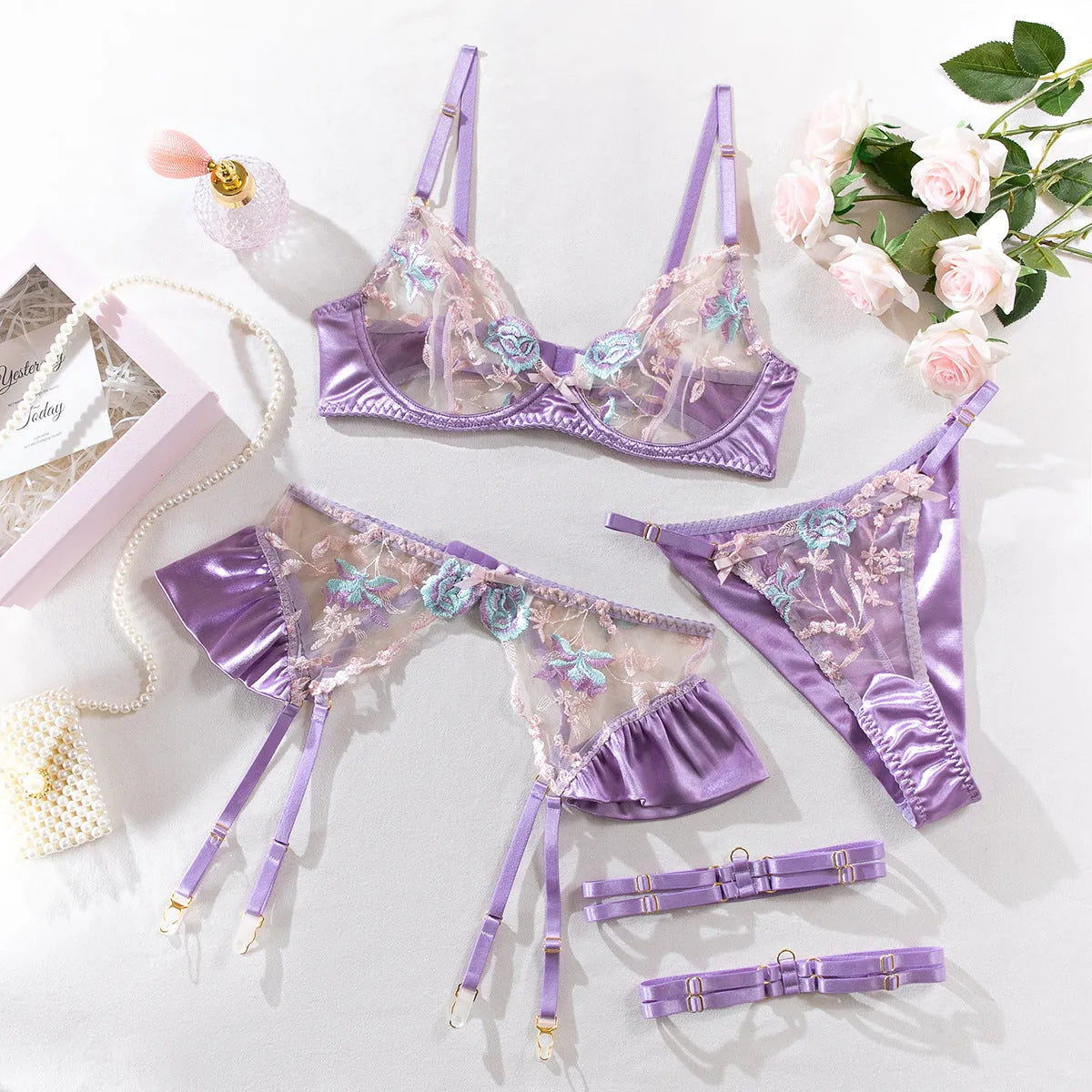 Light purple satin four-piece lingerie set with mercerized embroidery in Asian sizes