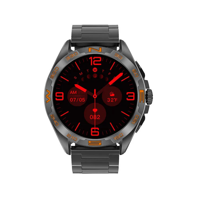 Black steel smartwatch showing display with health stats and WhatsApp notification on wrist