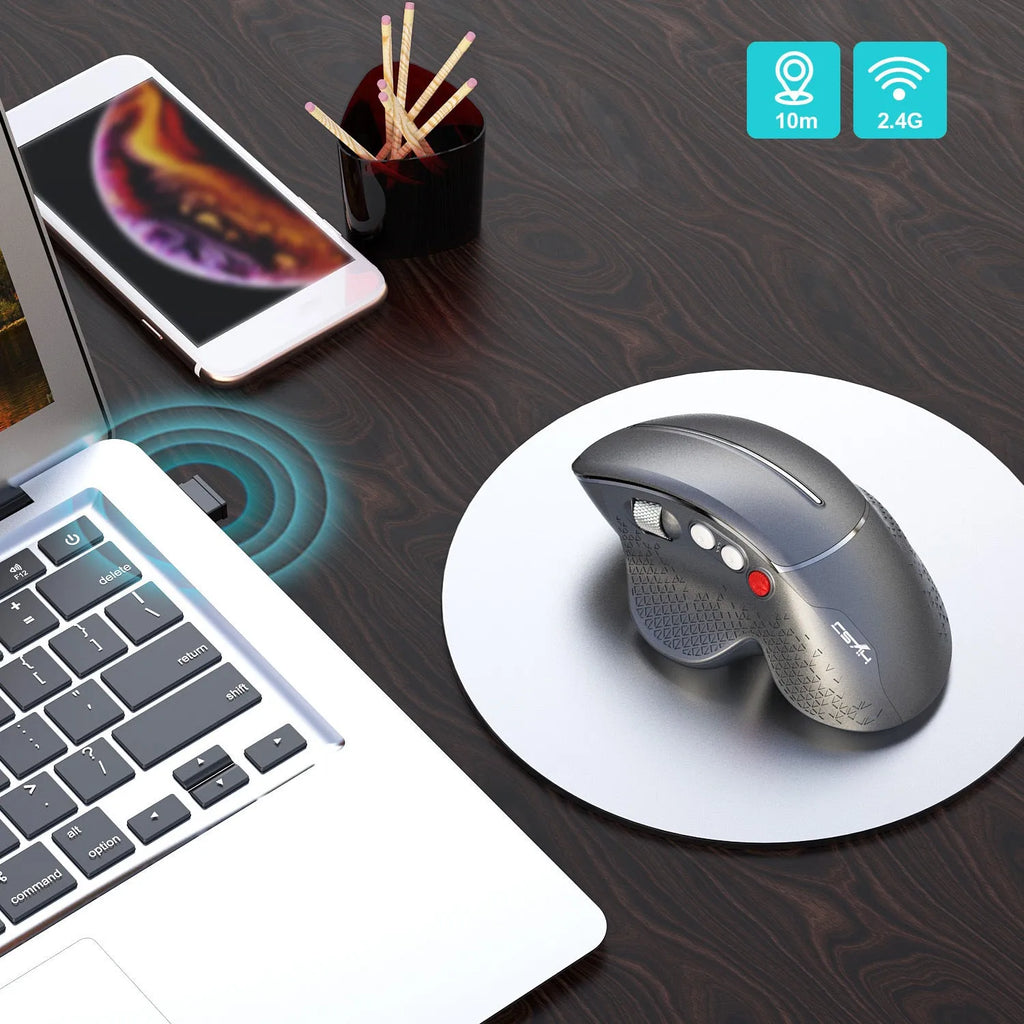 T32 wireless vertical ergonomic mouse in black or silver matte finish with aluminium side roller.
