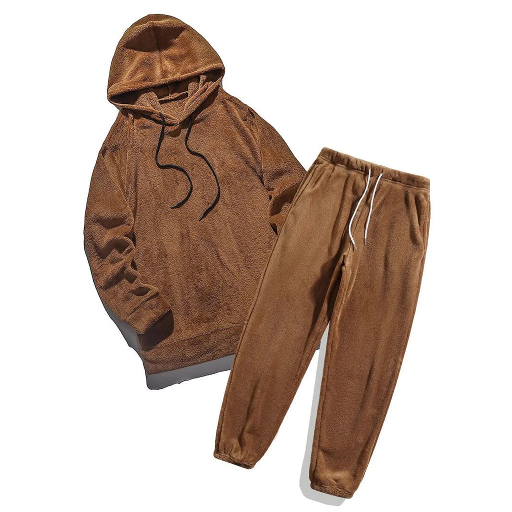 Women's coral fleece coat set with long sleeve top and trousers in black polyester fibre