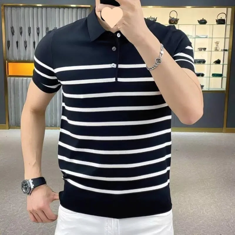 Black and white striped knit t-shirt with lapel collar design showing pullover style