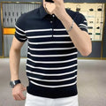 Black and white striped knit t-shirt with lapel collar design showing pullover style