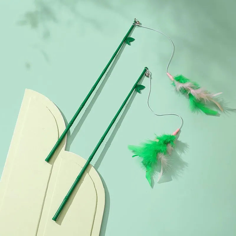 Green interactive cat feather wand toy with bell and colourful refill feathers