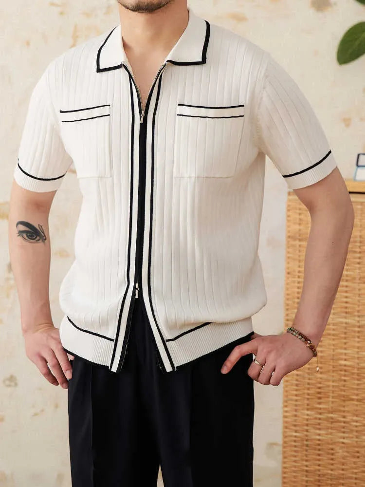Slim fit black knitting polo shirt with short sleeves and lapel collar on a male model