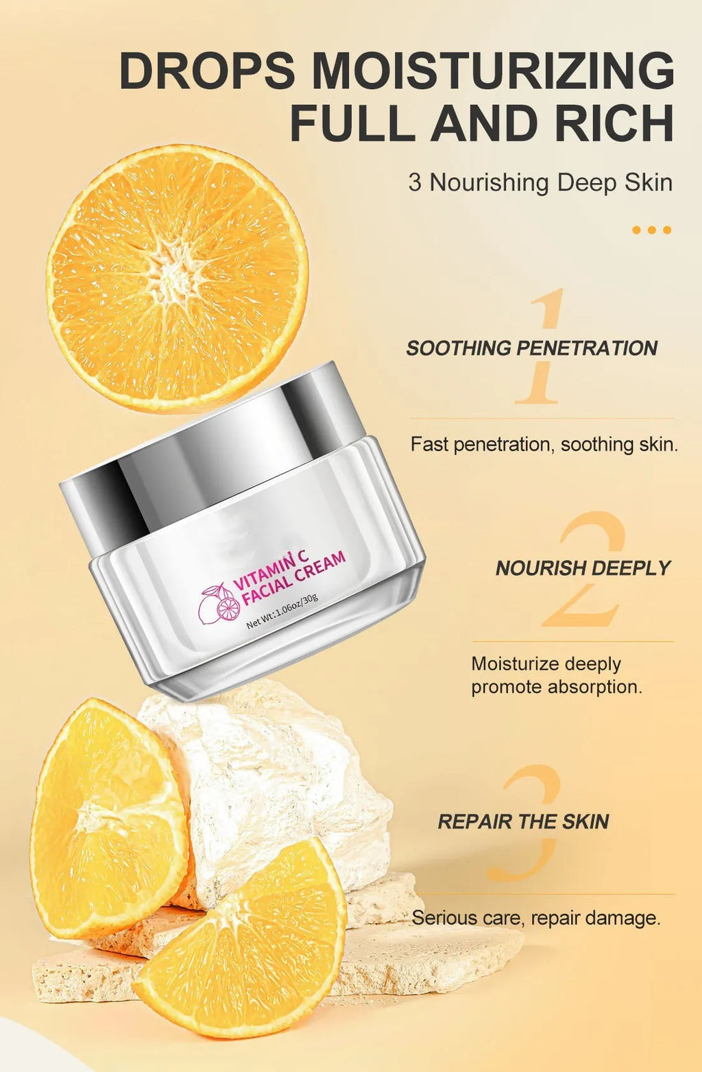 Vitamin C face cream jar 30g with universal skin type label showing 6cm dimensions
