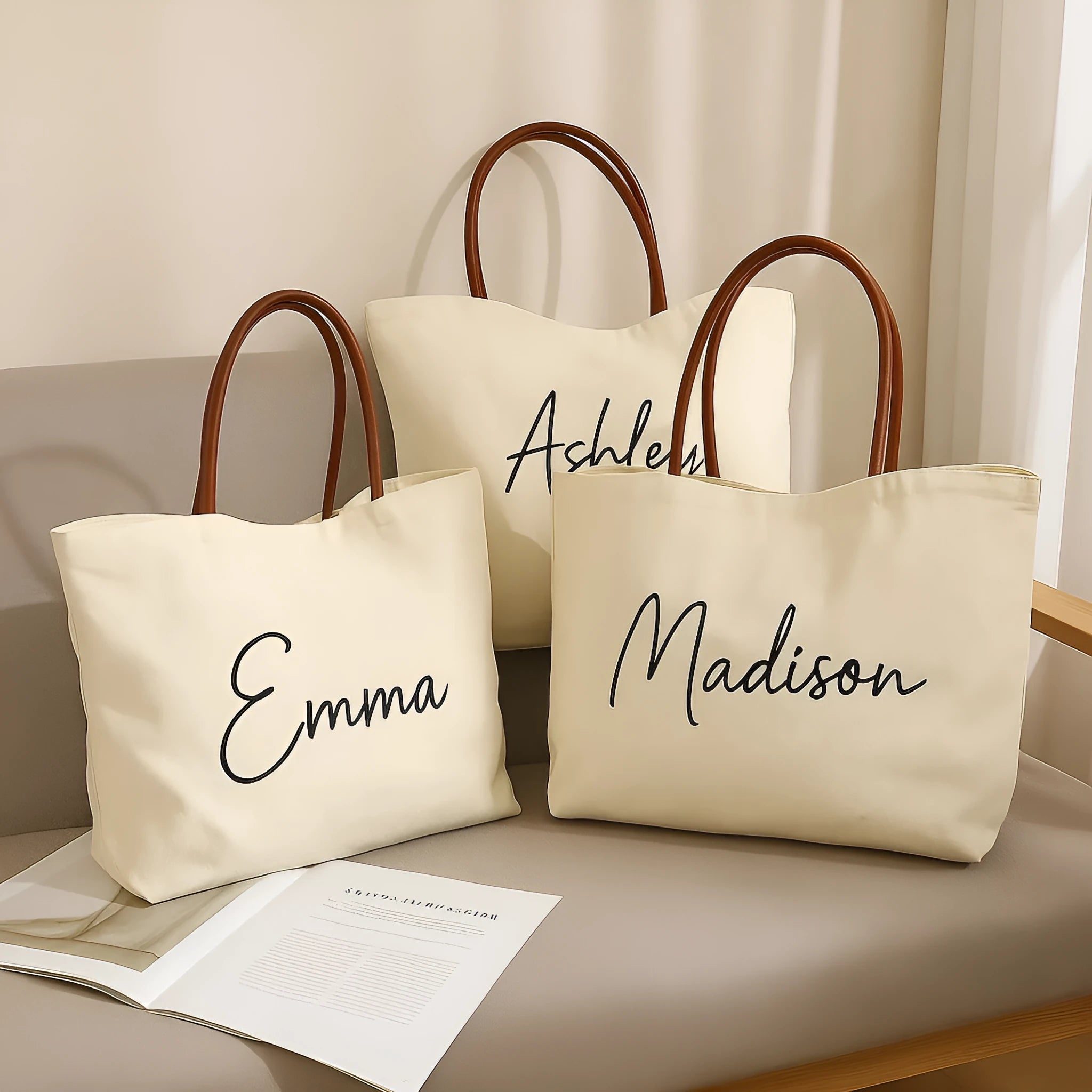 Beige white canvas tote bag with cotton handles, showing interior patch pocket and exterior zipper pocket.