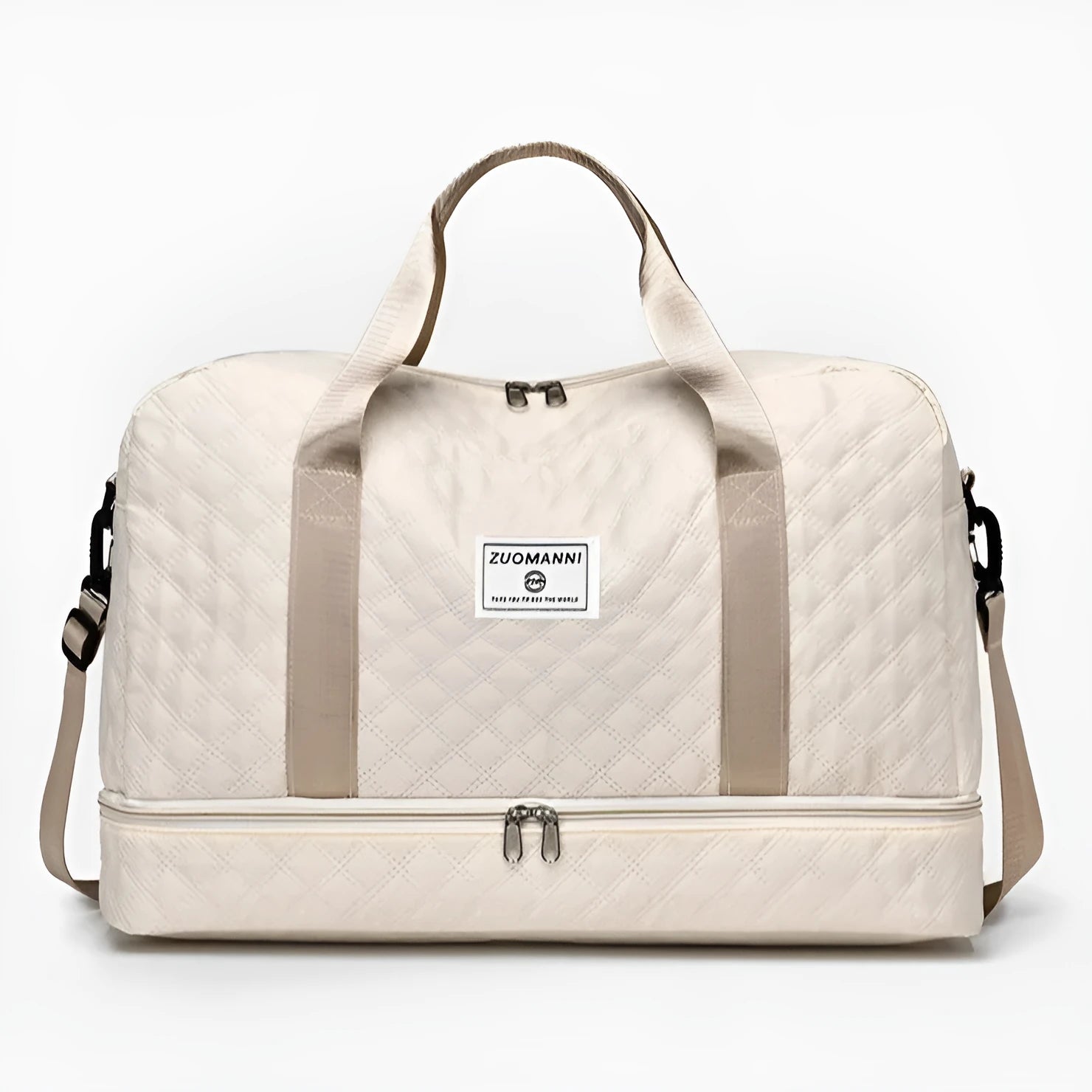 Large grey and pink Oxford cloth leisure travel bag with sewing thread detail on a white background.