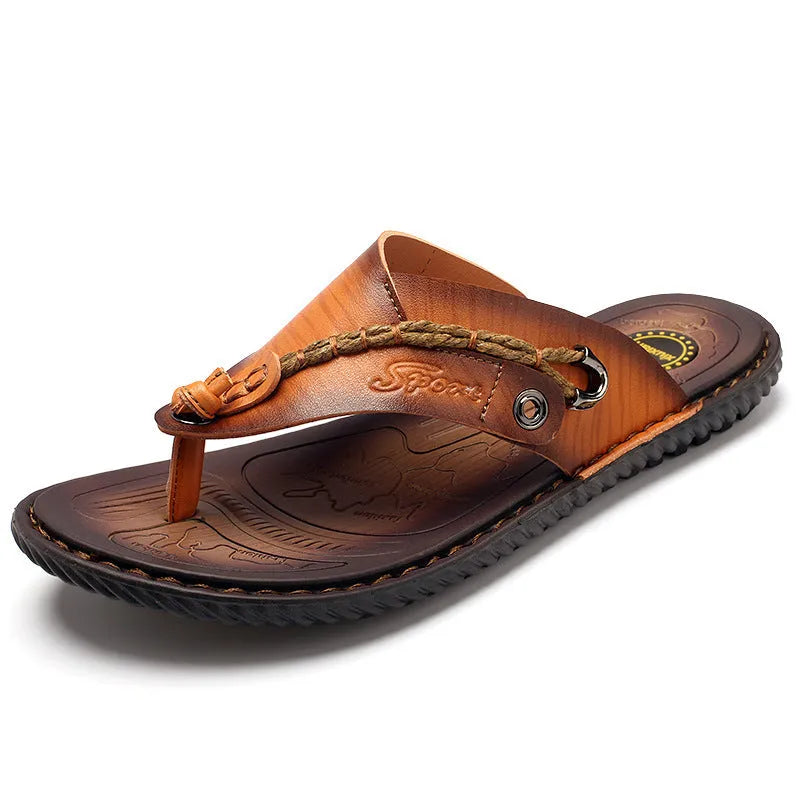 Men's black non-slip casual slippers with PU leather upper showing sole tread pattern