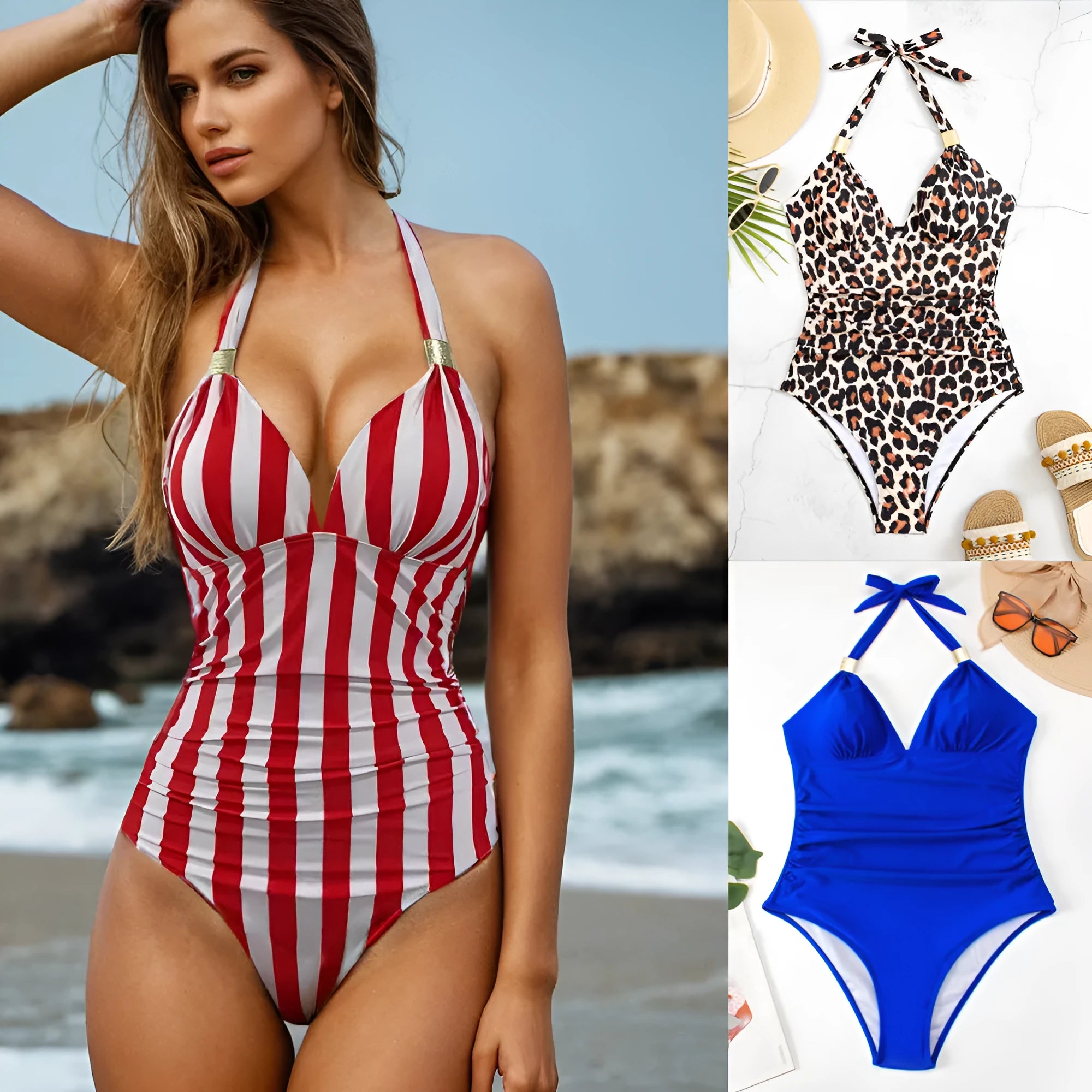 Women's quick-dry swimsuit in leopard print design showing front and back views