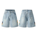 Retro washed cotton workwear shorts in loose fit with zipper, shown in grey, green, camouflage, and blue colour options.