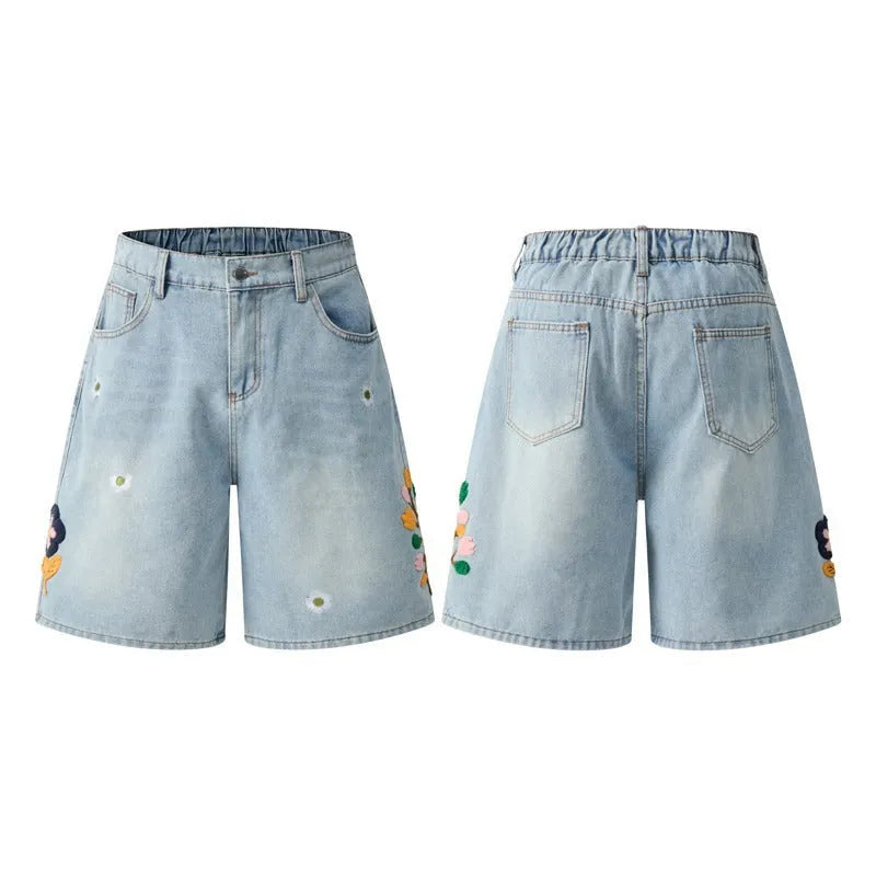 Retro washed cotton workwear shorts in loose fit with zipper, shown in grey, green, camouflage, and blue colour options.