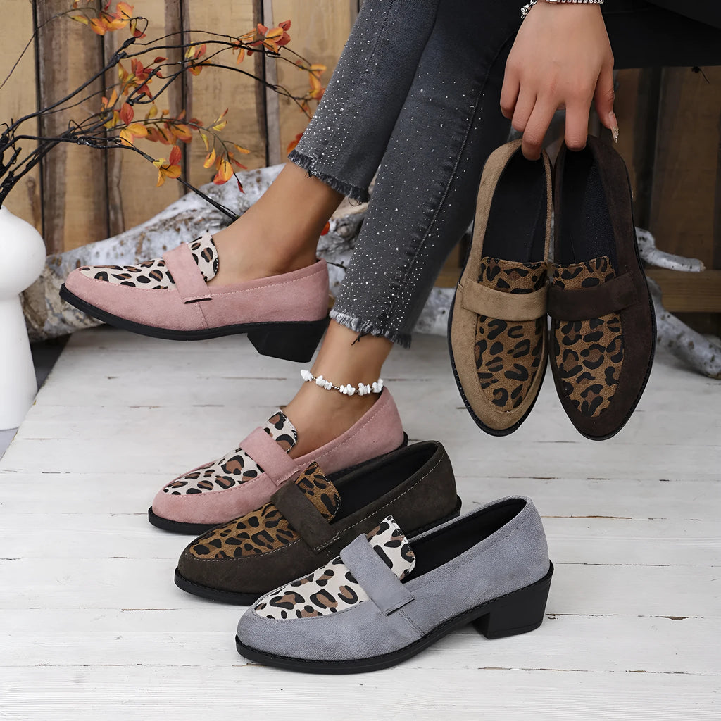 Women's leopard print suede slip-on shoe with chunky heel and pointed toe in pink colour
