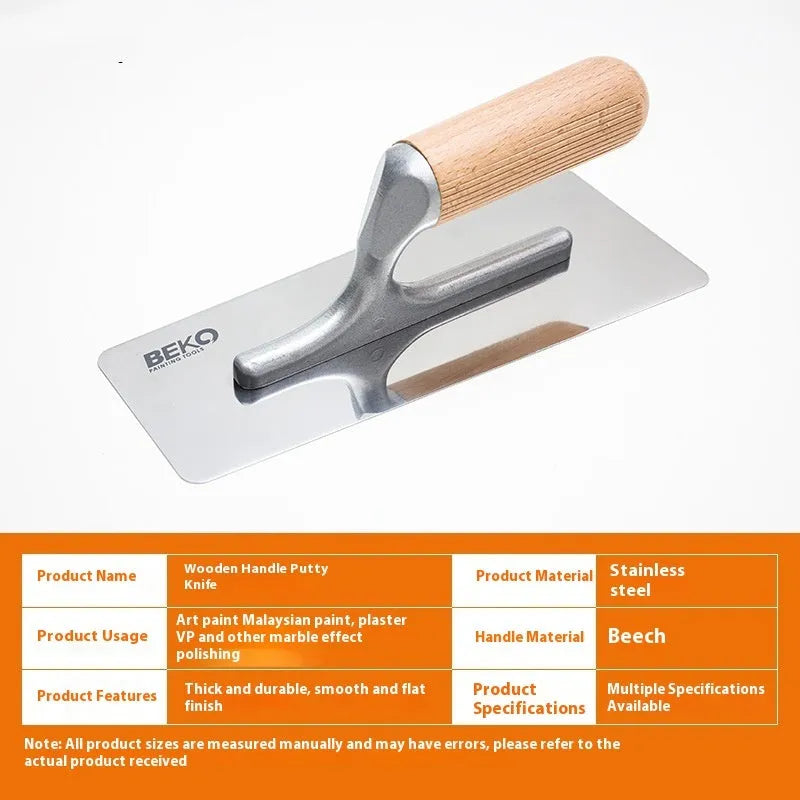 Stainless steel decorative putty scraper with wooden handle showing three blade size options