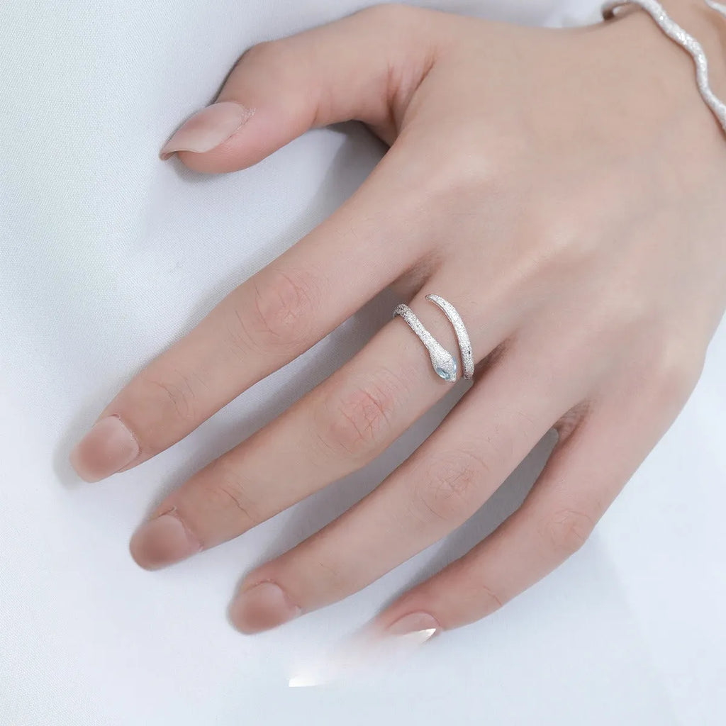 Women's adjustable snake motif ring in platinum colour electroplated silver