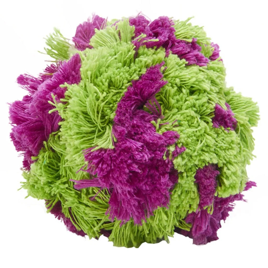 Purple seaweed-scented plush dog chew ball with knot design for teething and interactive play