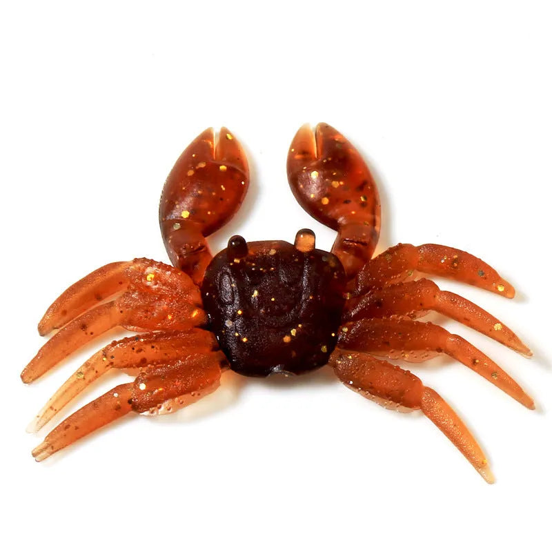 PVC soft crab fishing lure measuring 8cm in brown and red colour variations