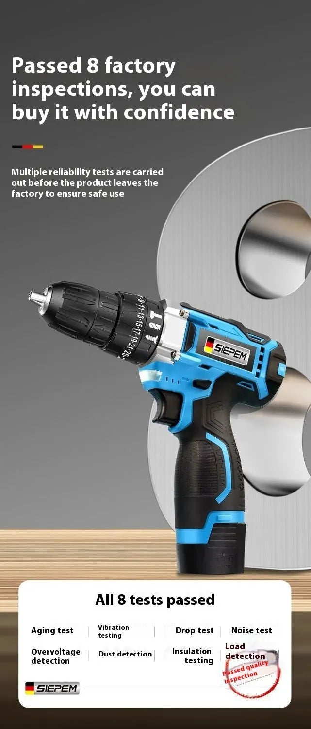 12V dual-speed pistol grip impact drill and electric screwdriver set inside a plastic storage box.