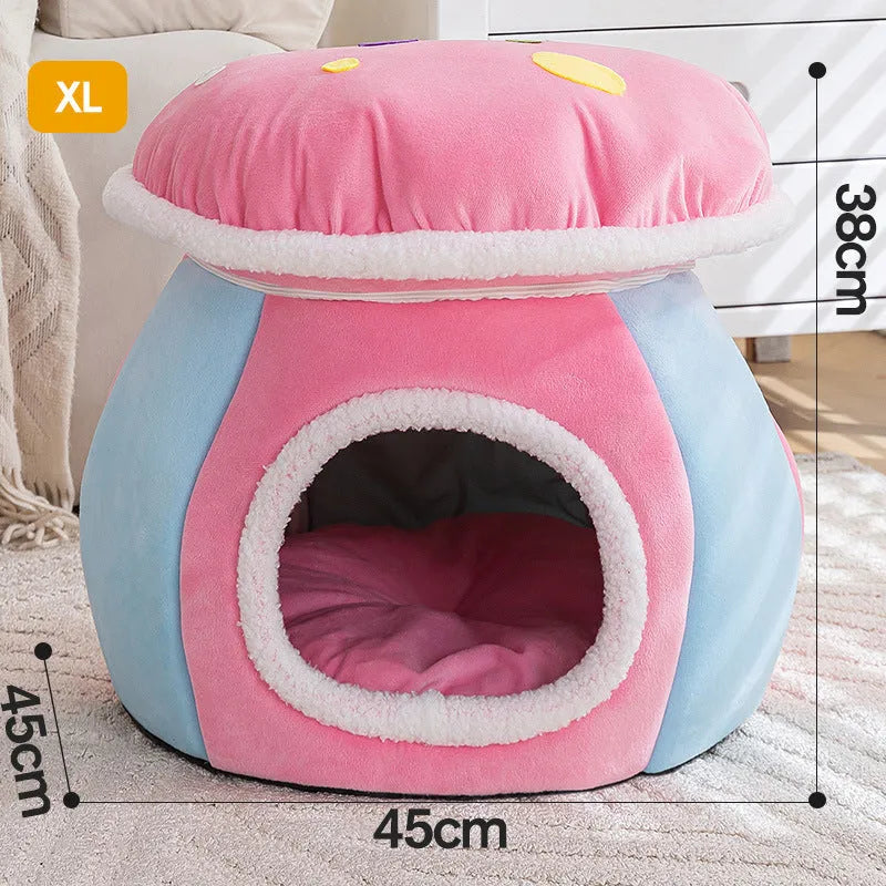 Plush grey mushroom-shaped cat bed with a detachable rabbit fur blanket inside.