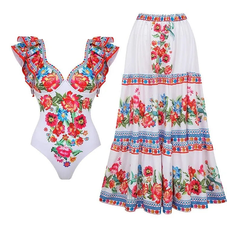 Women's printed one-piece swimsuit in blue, pink, white, or red apron set designs, size S M L XL.