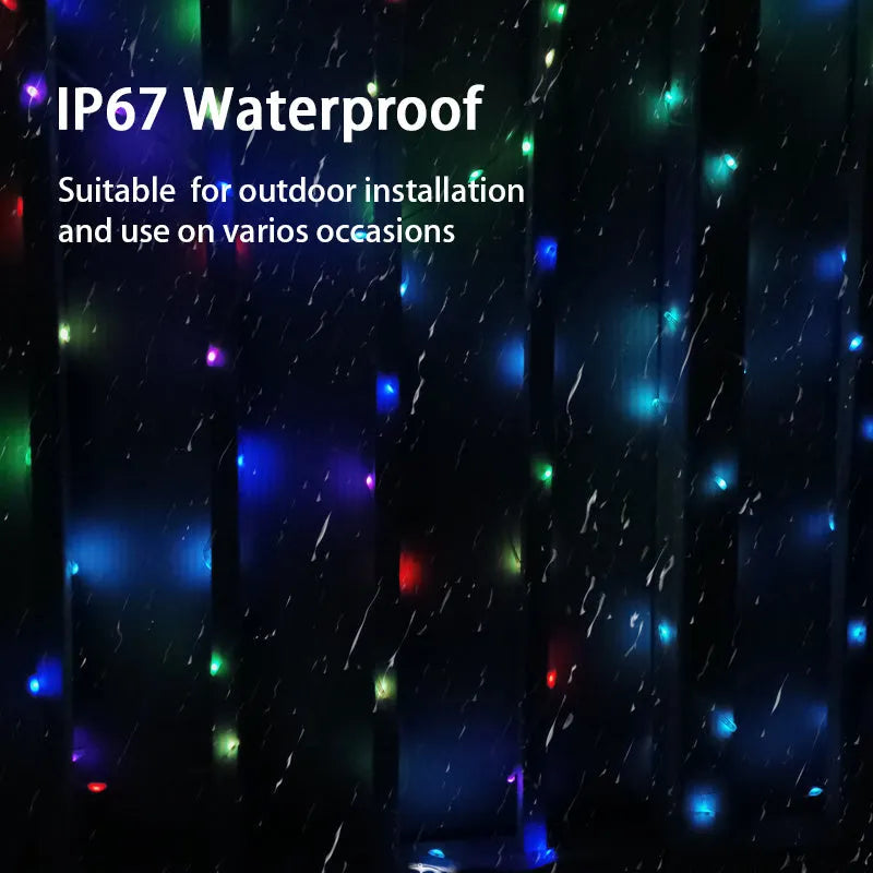 10-metre long multi-colour LED festival light string with 100 bulbs, showing eight different lighting modes.