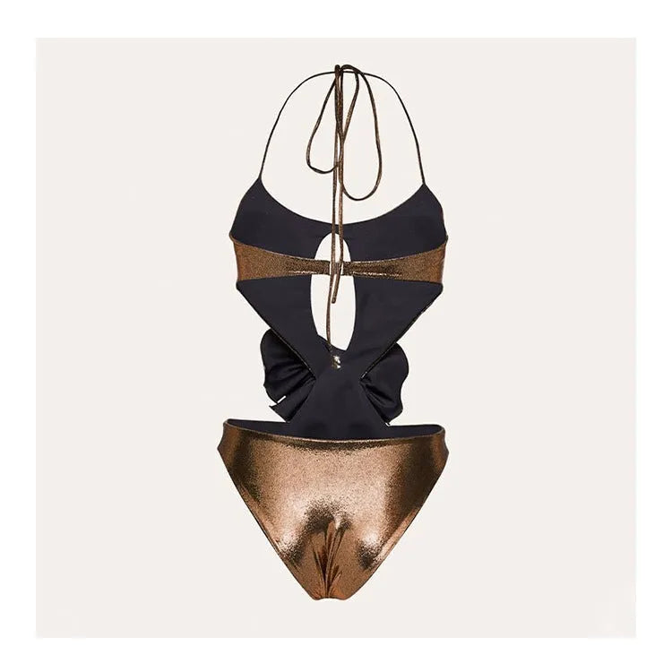 Gold women's halter neck one-piece swimsuit with hollow-out design on mannequin