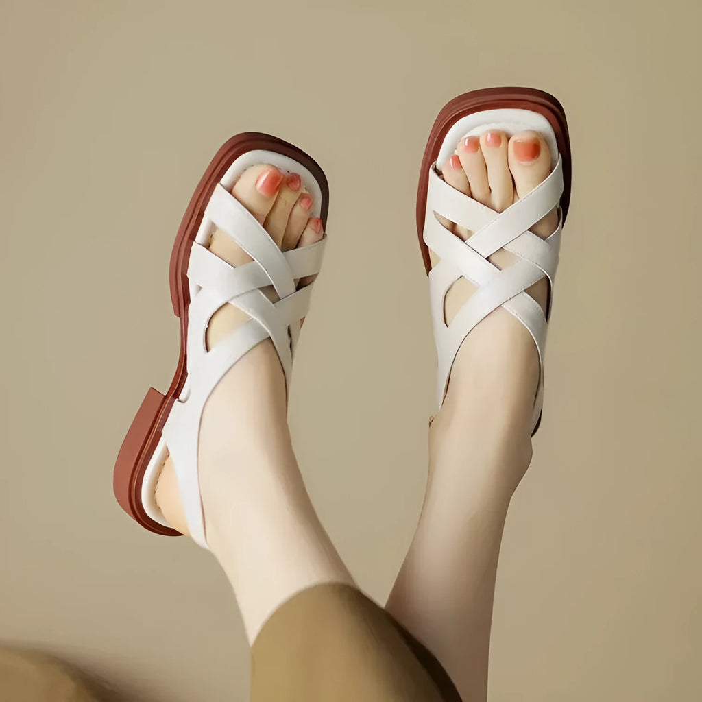 Women's patent leather square-toe sandals in retro style with cross-strap design