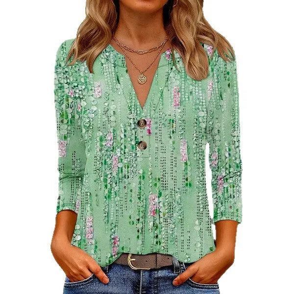 Women's loose-fit casual V-neck top with a 3D pattern design in various colours.