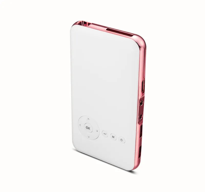 White and rose gold M6S miniature portable Android DLP projector showing compact design