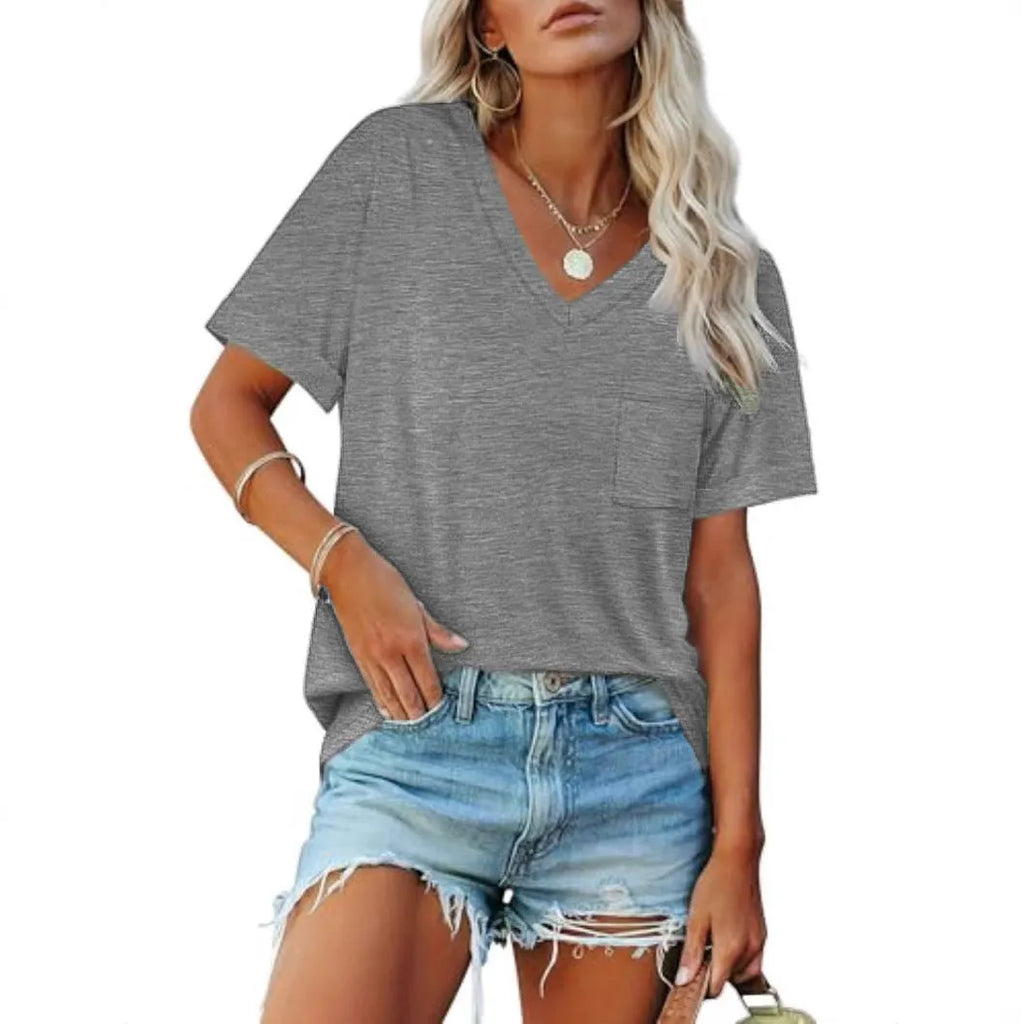 Grey loose V-neck T-shirt with front pocket and short sleeves