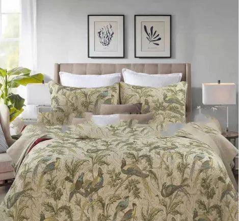 Blue cotton bedspread set with botanical flower and bird pattern, American style design