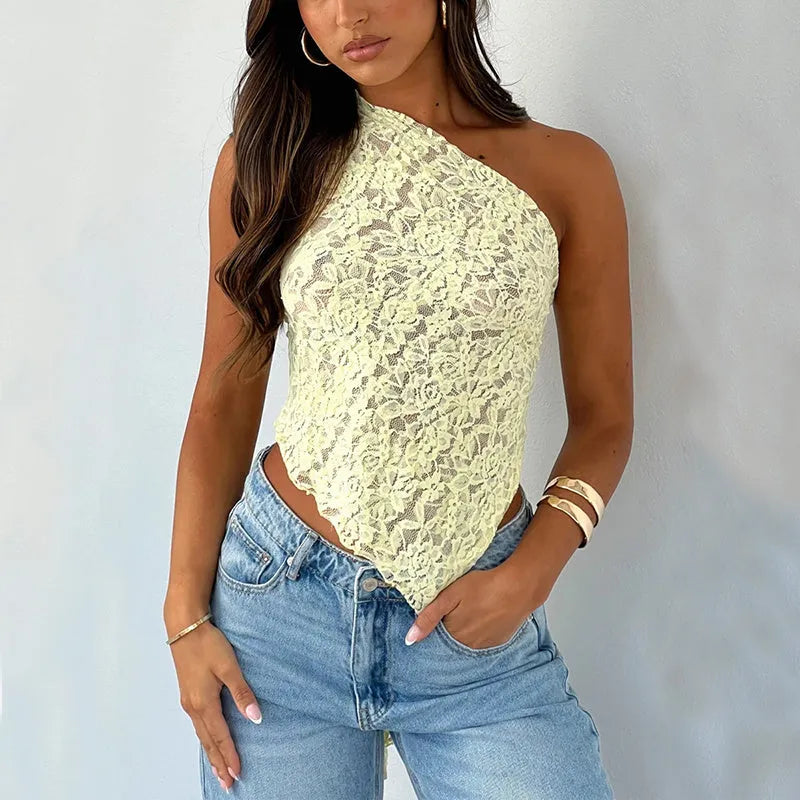 Backless lace sleeveless vest top with asymmetrical neckline in solid colour options