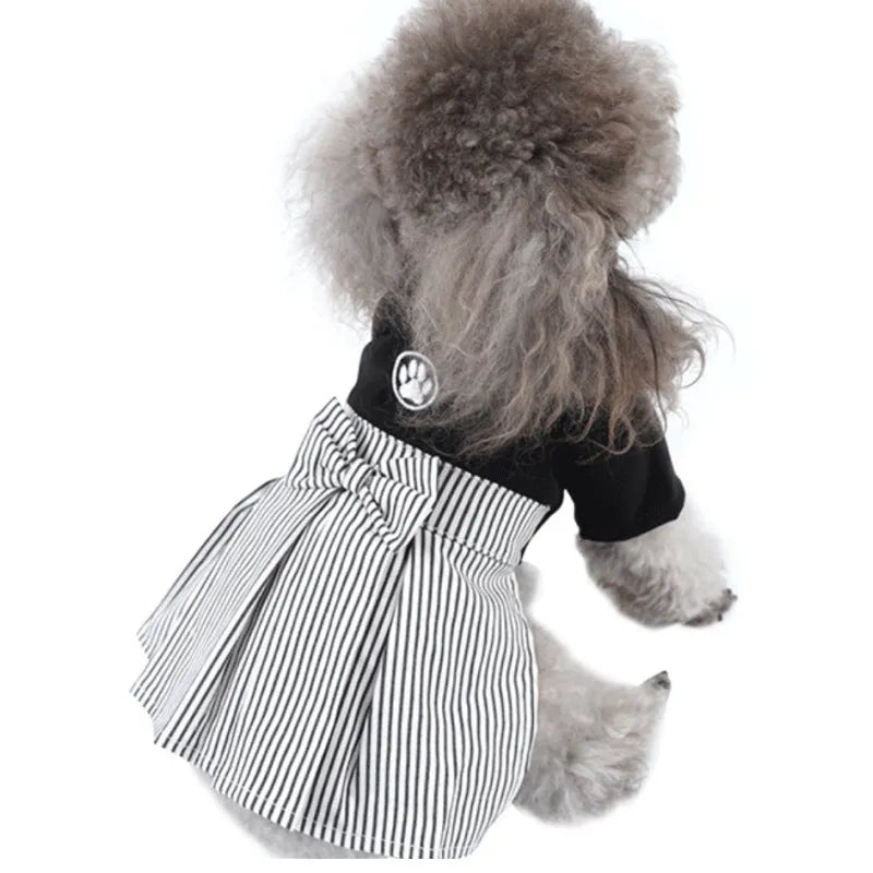 Cotton poodle dog clothes shown in skirt and four-legged pants styles for small breeds.