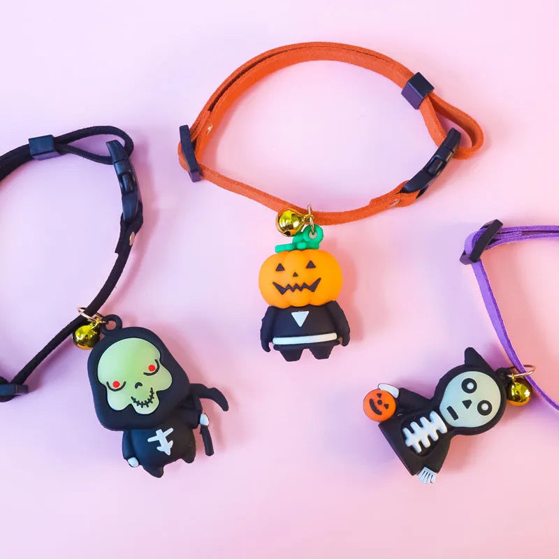 Halloween pet collar decoration with luminous skull pattern shown on adjustable polyester strap
