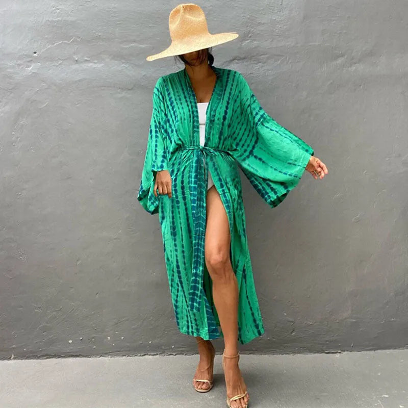 Printed cotton beach cover-up blouse in one size loose fit for sun protection.