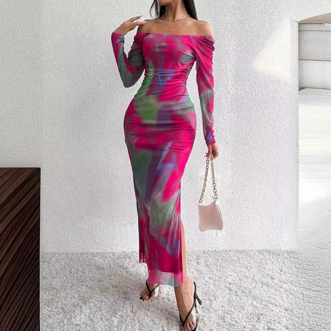 Long mesh fishtail evening dress with square collar and printed pleated gradient colour design