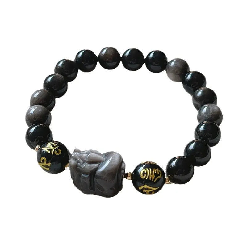 Men's silver bracelet with engraved zodiac symbols and Chinese proverbs on silver stone beads