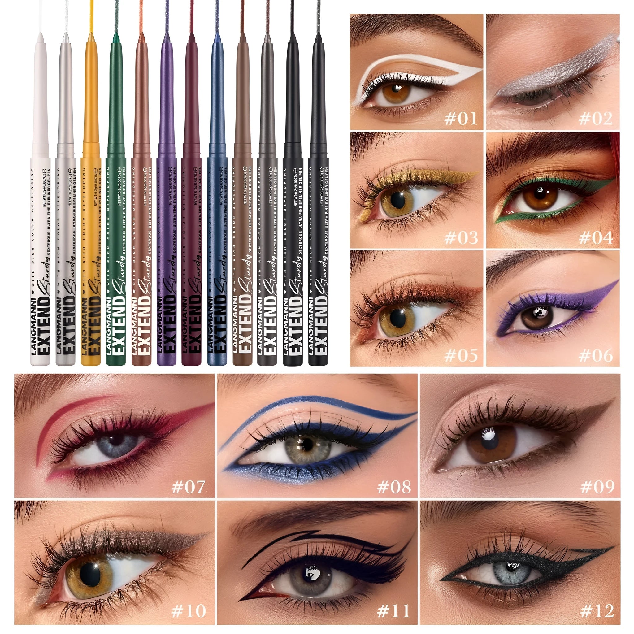 12 colourful gel glitter eyeliner pencils showing matte, glitter, metallic and pearl finishes for waterproof makeup