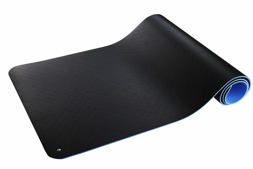 Blue conductive yoga mat with plants pattern, showing grounding wire and 182x61cm dimensions